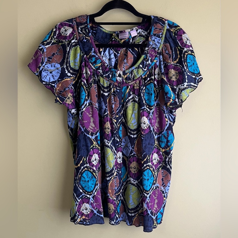 Laura Scott Multicolor Patterned Blouse Sz XL Artsy Short Sleeves Button Front